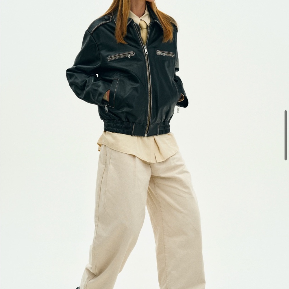 Black Leather Bomber Jacket with Zipper Closure